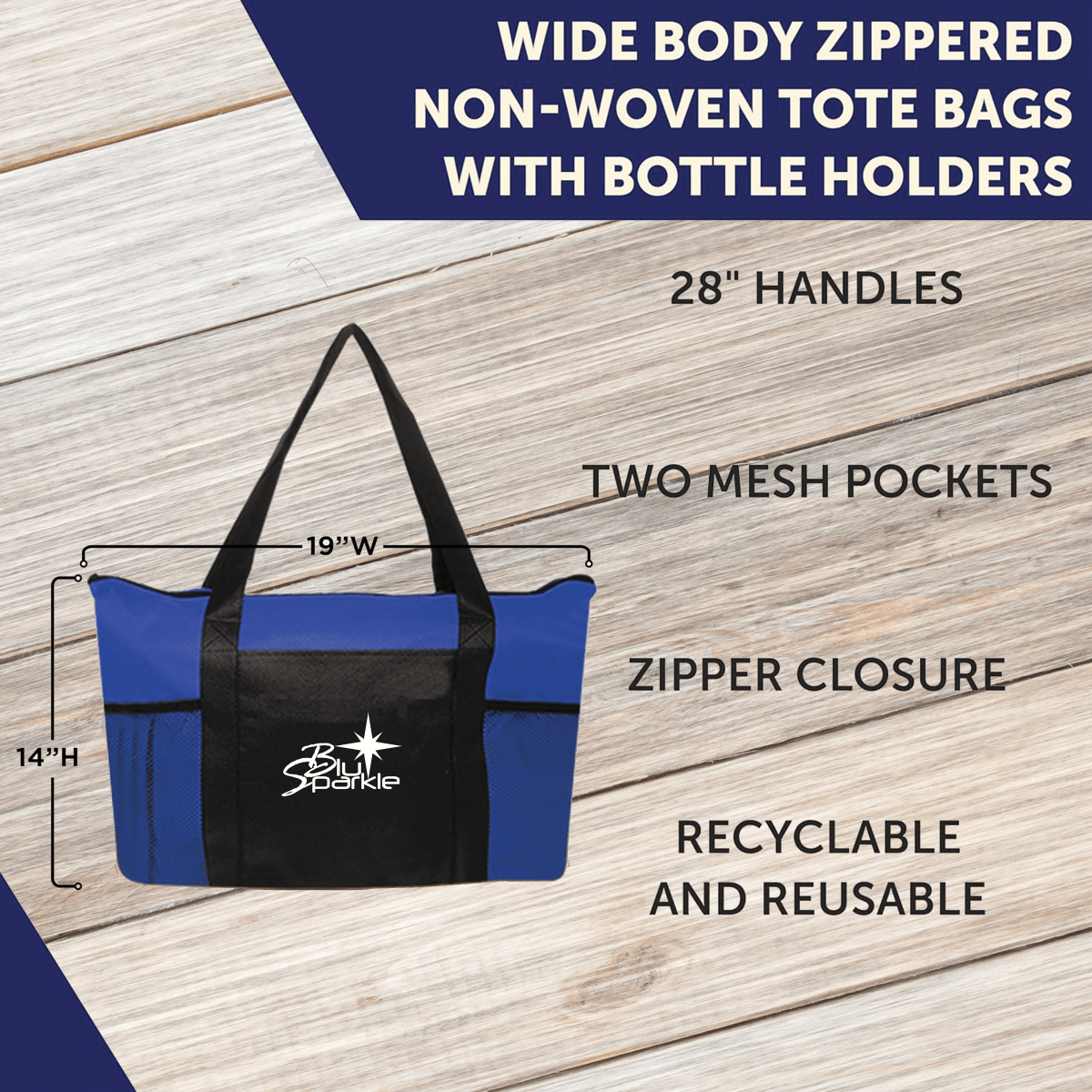 Wide Zippered Tote Bag - BluSparkle