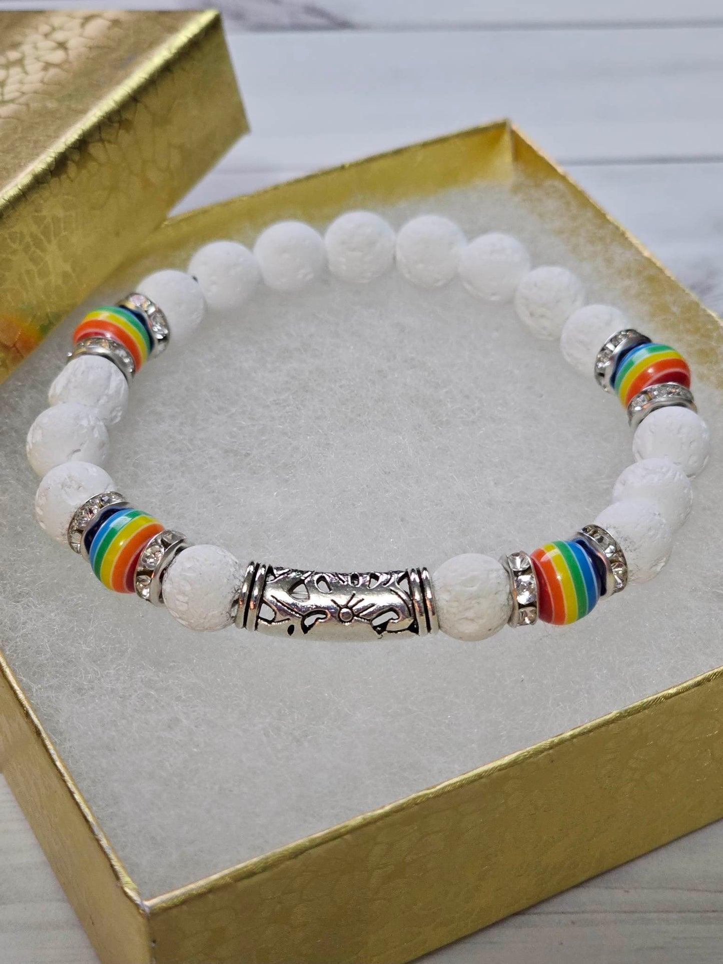 White & Crystal Rainbow LGBTQ+ Pride Diffuser Bracelet