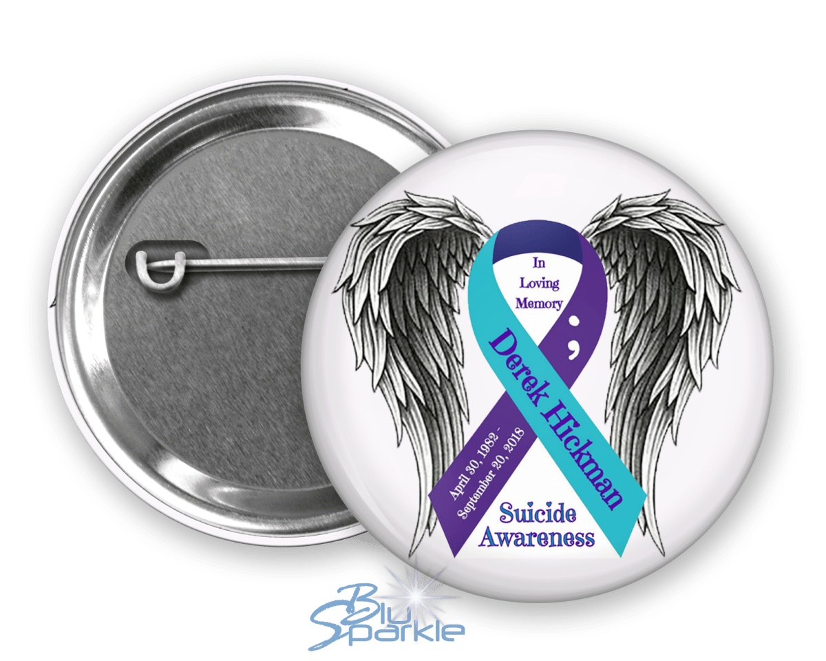 Awareness Ribbon with Wings - Personalized Pinback Button - BluSparkle