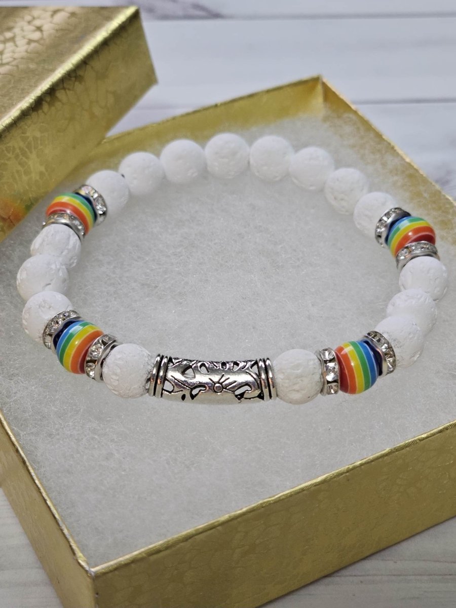 White & Crystal Rainbow LGBTQ+ Pride Diffuser Bracelet - BluSparkle