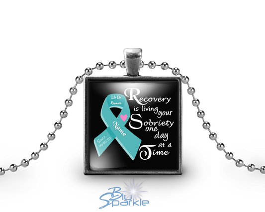 Personalized "Recovery is Living Your Sobriety One Day at a Time" Square Pendants