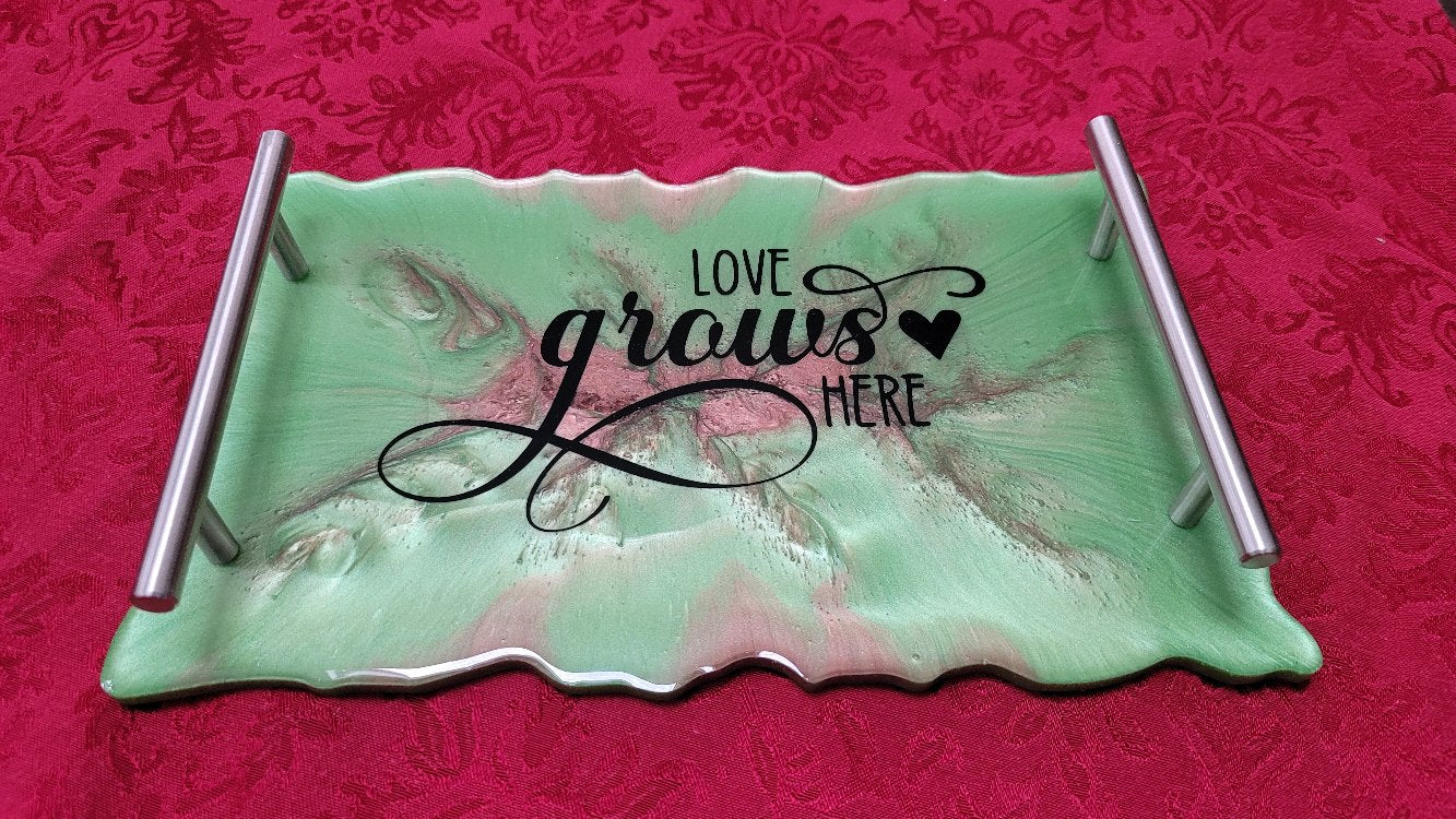 Custom Handmade 'Love Grows Here' Resin Serving Tray