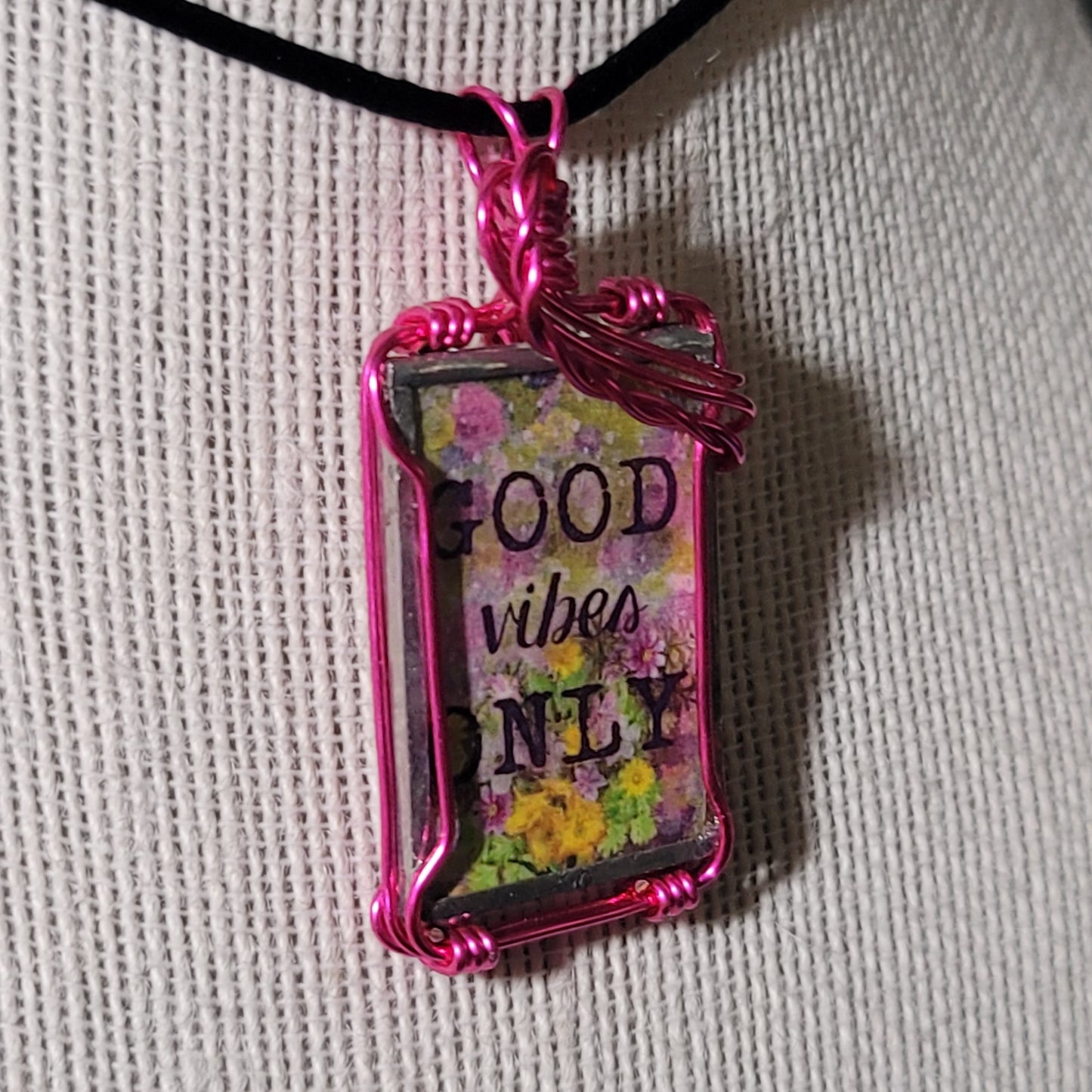 Good Vibes Only Wire Wrapped Handmade Stained-Glass Pendant