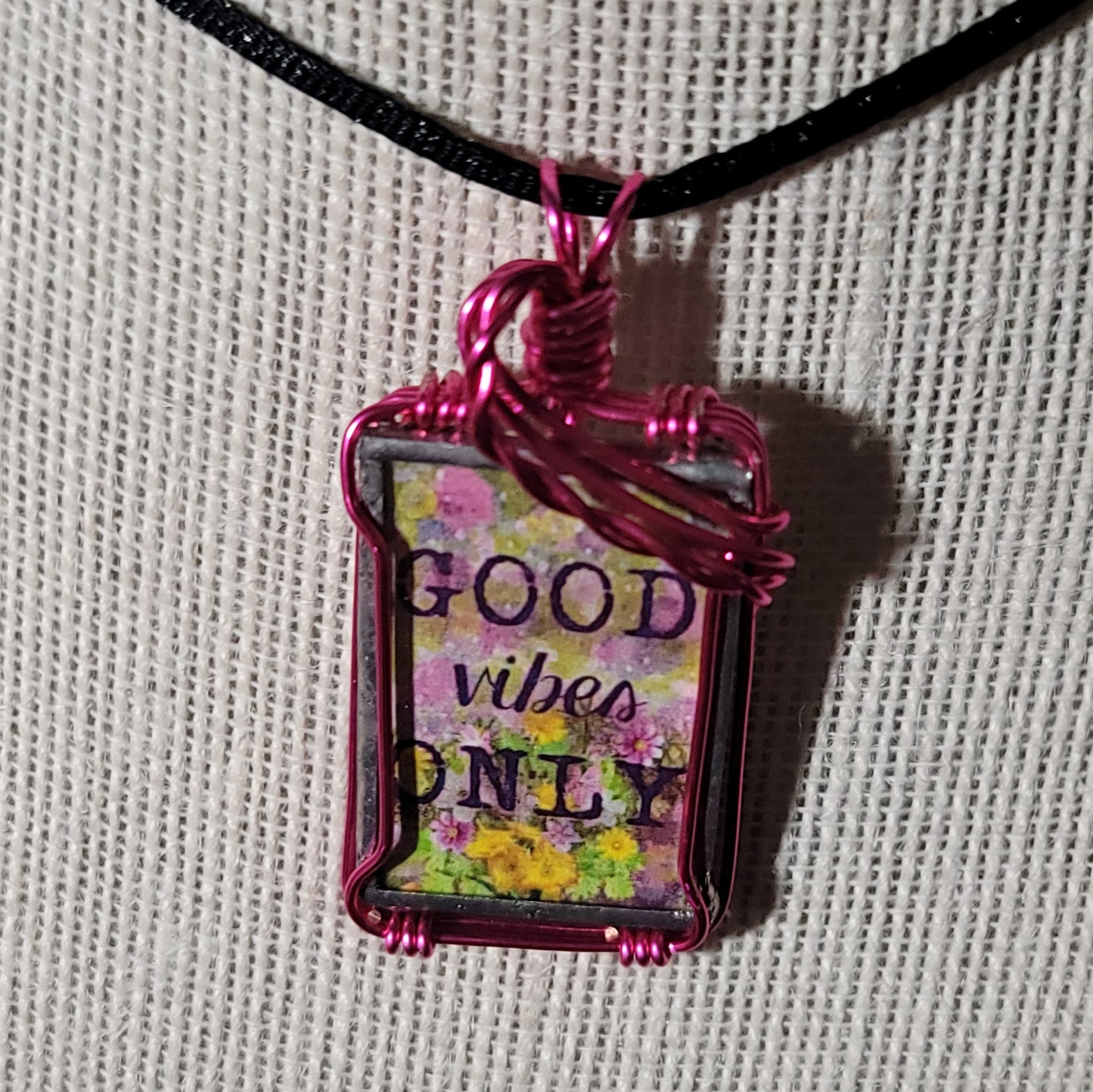 Good Vibes Only Wire Wrapped Handmade Stained-Glass Pendant