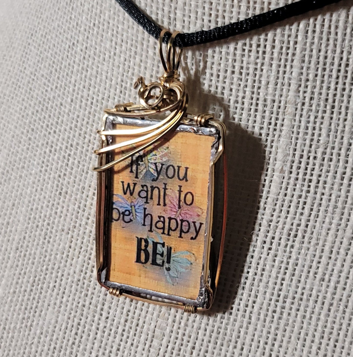 If You Want To Be Happy Wire Wrapped Handmade Stained-Glass Pendant